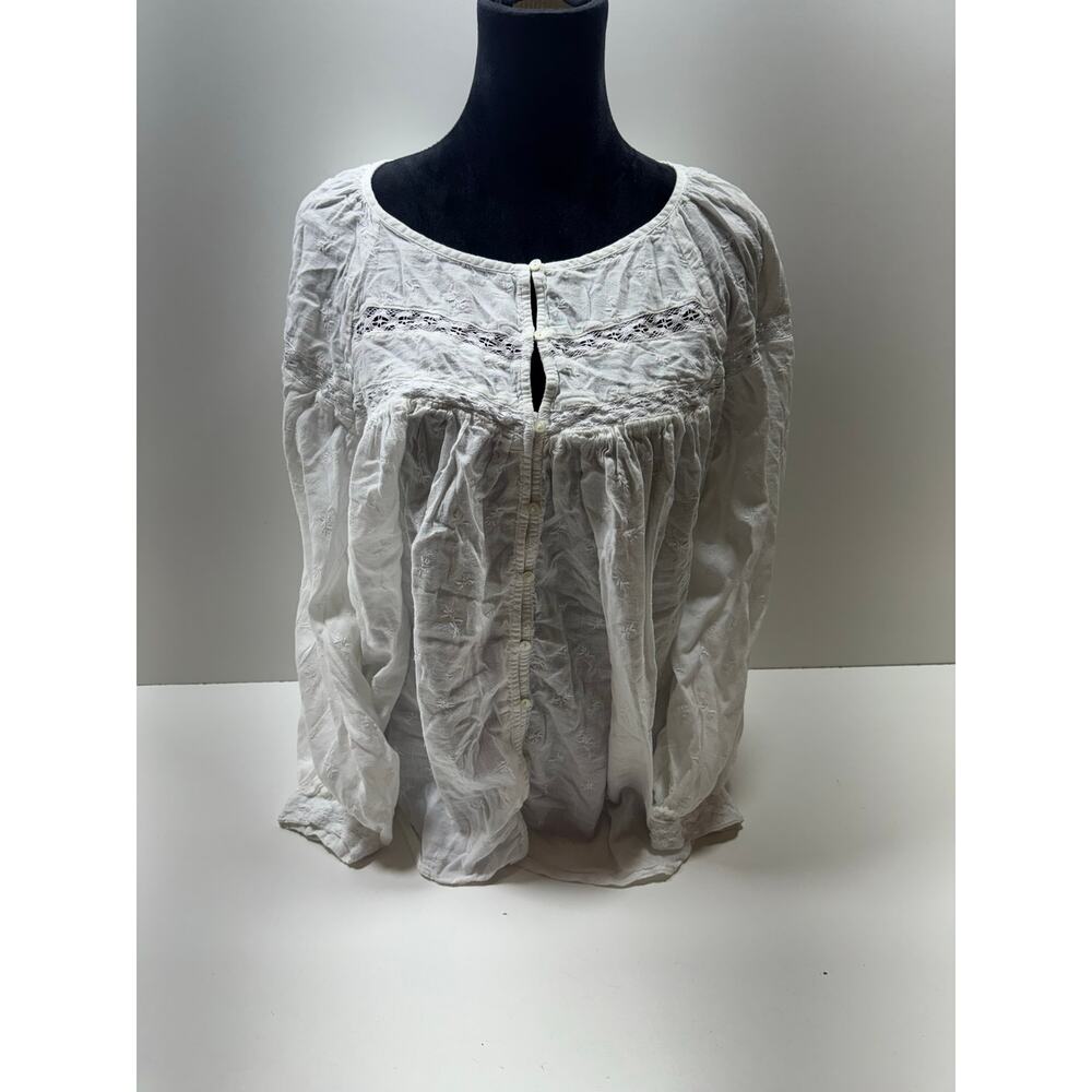 Old Navy Women’s Boho Peasant Plus Sz 2X Blouse Button Front Long Sleeve White